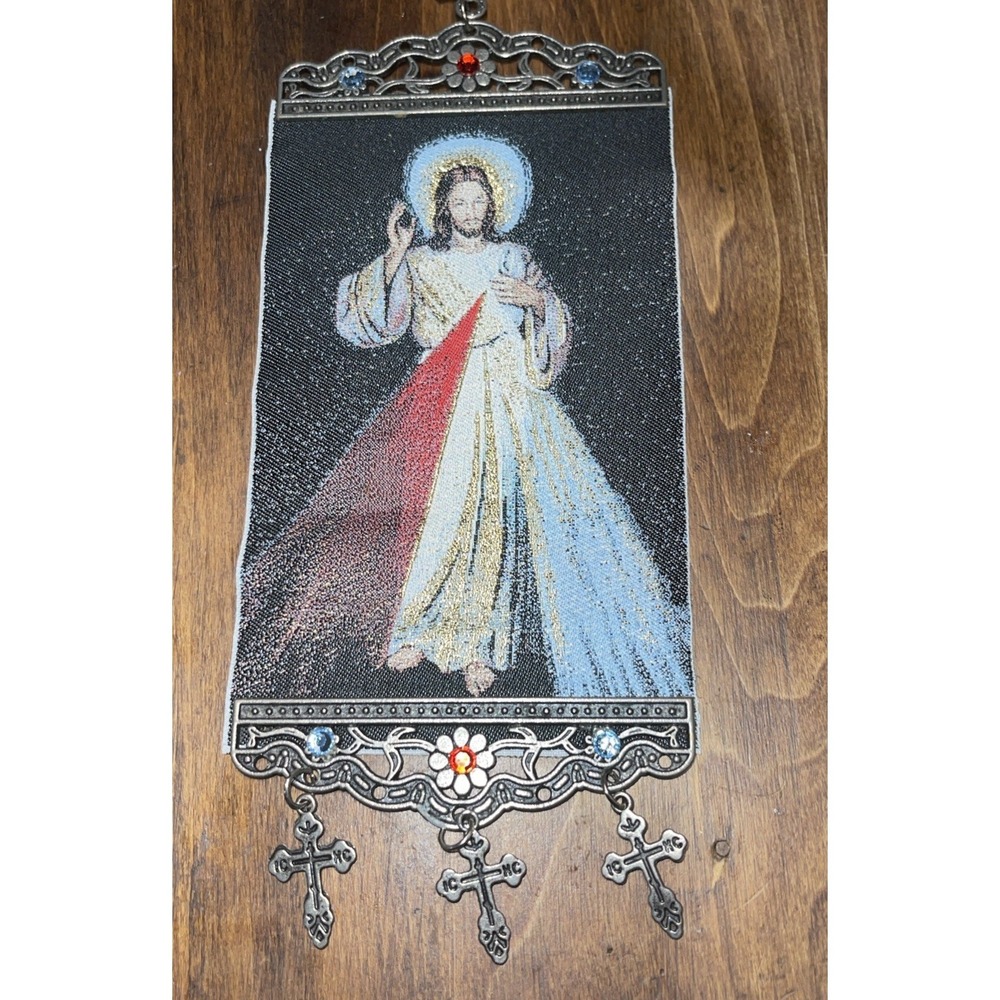 10" Christ Catholic Tapestry Banner - Hanging Metal Crosses
